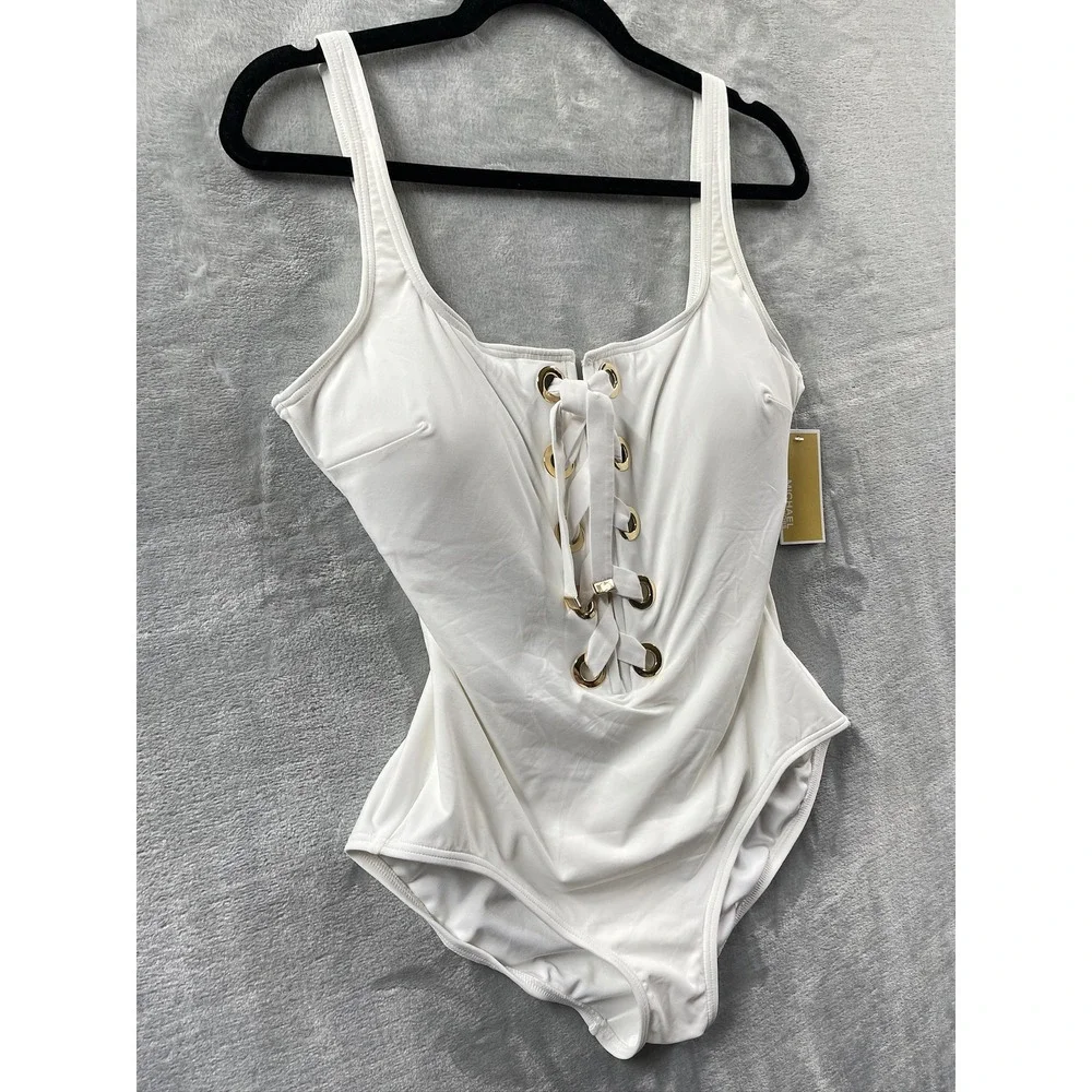 Michael Kors One Piece Swimsuit Womens White New Lace Up Front Grommet Size 14